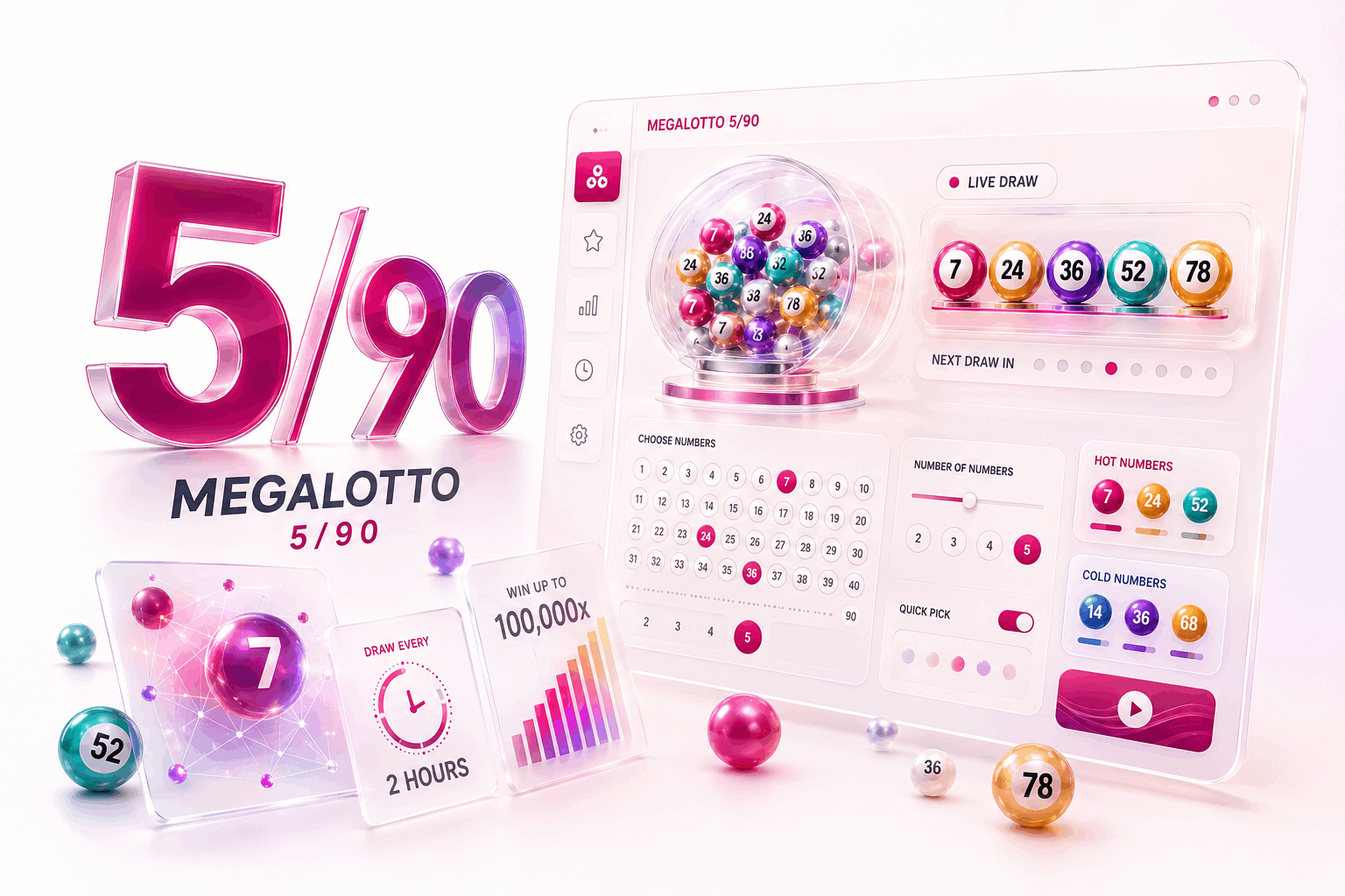 Digital illustration of a 5/90 lottery platform with numbered balls, draw results, and lottery interfaces on multiple devices.