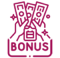Magenta line icon of a bonus certificate surrounded by lottery balls and a gift box.