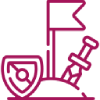 Magenta line icon of a flag, sword, and treasure chest representing an adventure game.