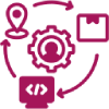 Magenta line icon representing a back-office system, with connected symbols for a user location, settings, code, and data management.