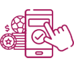 Magenta line icon of a hand tapping a smartphone displaying a check mark, with a football, gear, and dollar symbol in the background