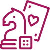 Magenta line icon of a chess knight beside playing cards, a heart symbol, and dice.