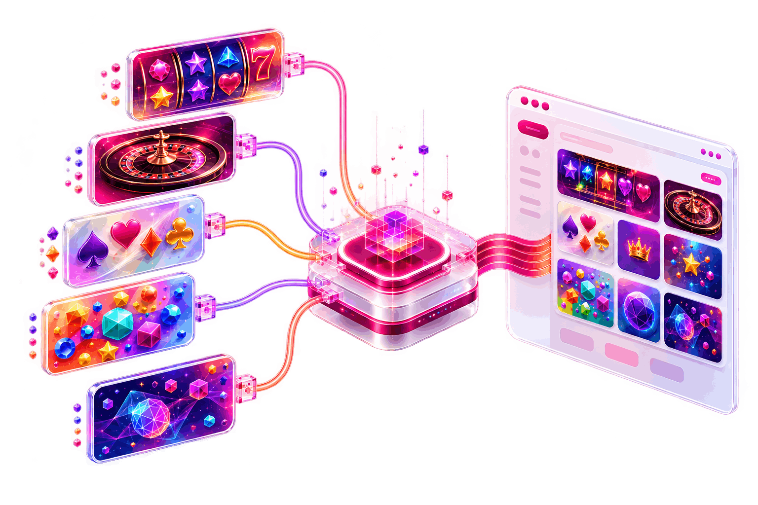 Digital illustration of a central gaming platform connected to casino game screens, mobile devices, and online interfaces