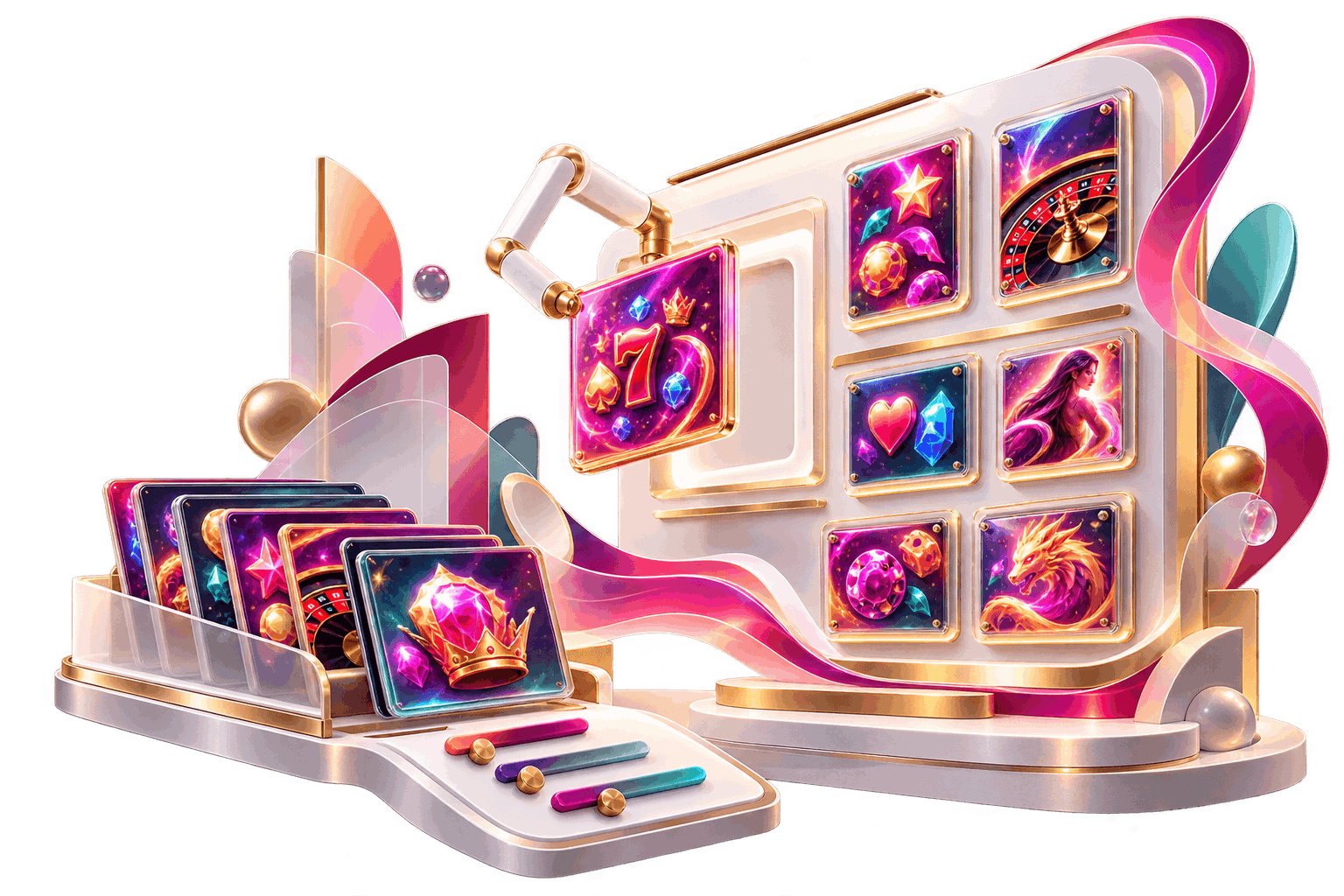 Colorful digital illustration of multiple casino game screens displayed on monitors and mobile devices.
