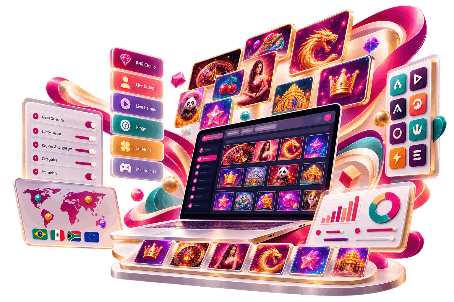 Colorful digital illustration of an online casino platform displayed across a laptop, smartphone, and floating game interfaces