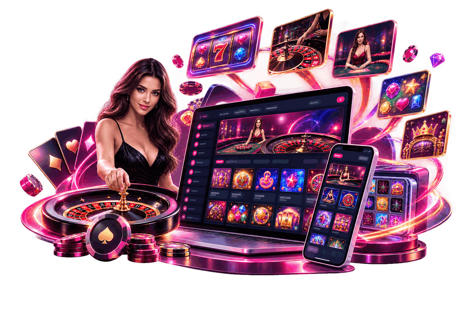 Digital illustration of a woman beside casino games displayed across a laptop, smartphone, and tablet in a vibrant pink and purple casino environment.