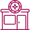 Magenta line icon of a gaming or betting club building with a circular emblem above the entrance.