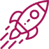 Magenta line icon of a rocket launching upward with motion lines.