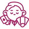 Magenta line icon of a casino dealer holding a playing card and wearing a bow tie.