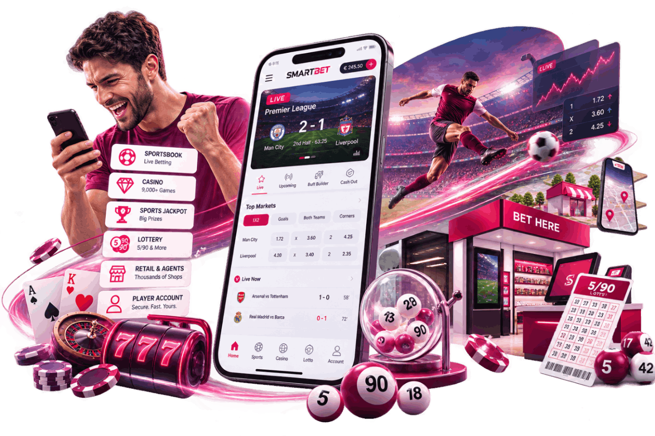 Digital illustration of a man using a smartphone displaying lottery numbers and betting information, surrounded by lottery and sports imagery.