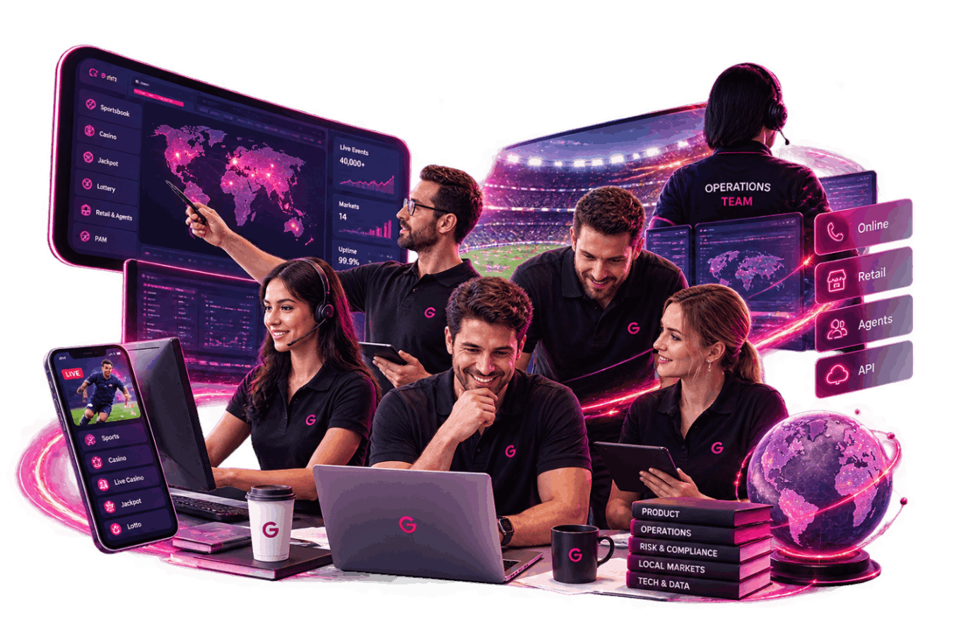 Digital illustration of a group using laptops and smartphones while surrounded by sports betting, casino, and gaming platform interfaces.