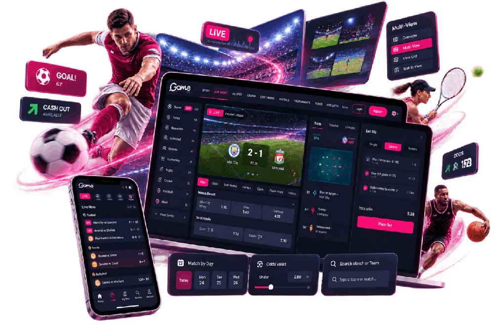 Digital illustration of a football player, mobile devices, and betting dashboards displaying live sports betting interfaces.