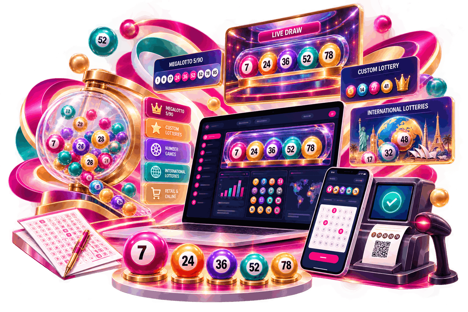 Digital illustration of an online lotto platform showing numbered balls, lottery games, and betting interfaces on a laptop and mobile devices.