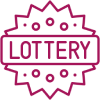 Magenta line icon of a lottery badge with the word “LOTTERY” in the center