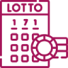 Magenta line icon of a lotto ticket with numbered balls and a lottery draw machine.