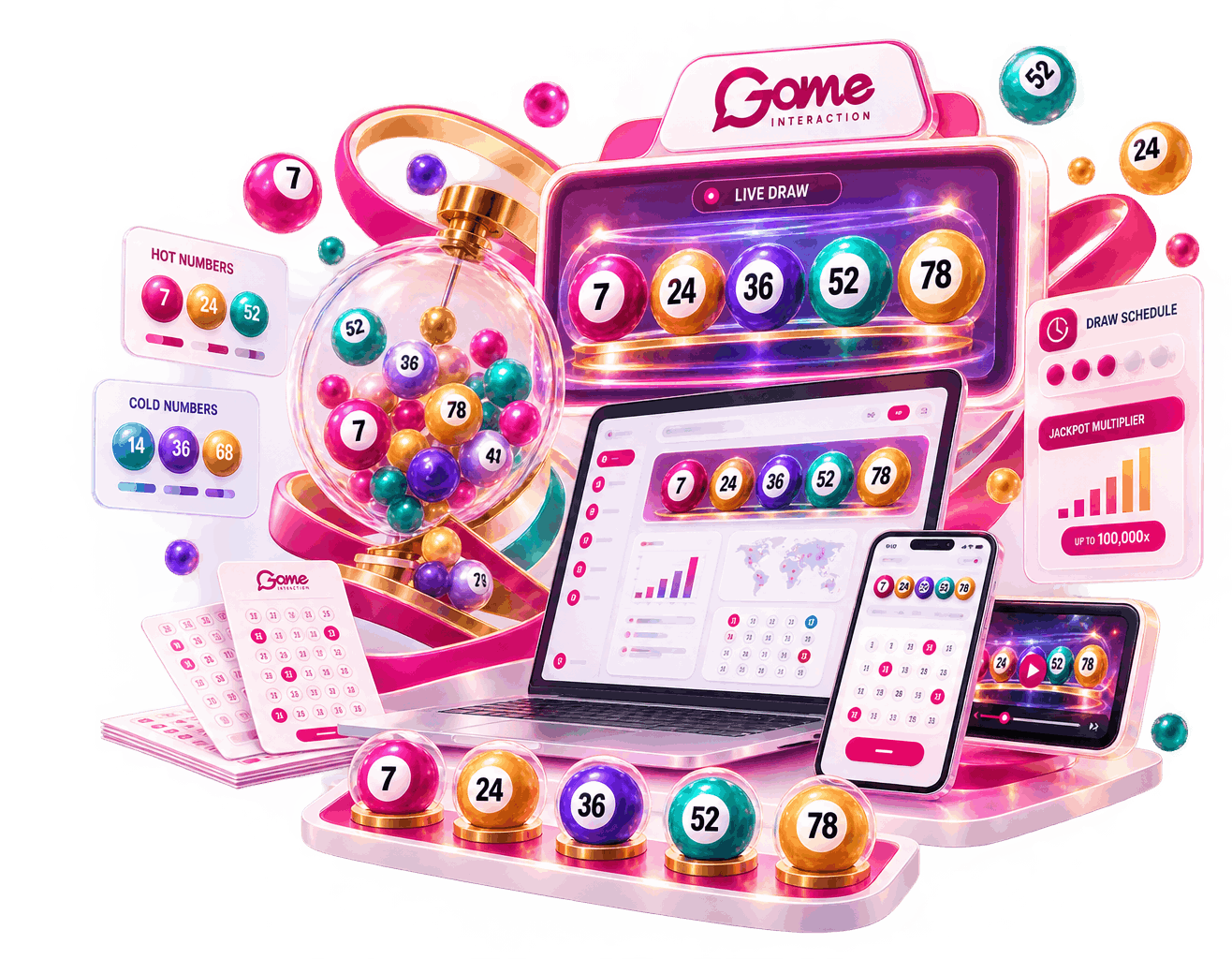 Digital lottery platform illustration showing numbered lottery balls, lottery interfaces, and multiple devices.