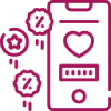 Magenta line icon of a loyalty card or rewards program with a heart, coin, star, and percentage symbols.