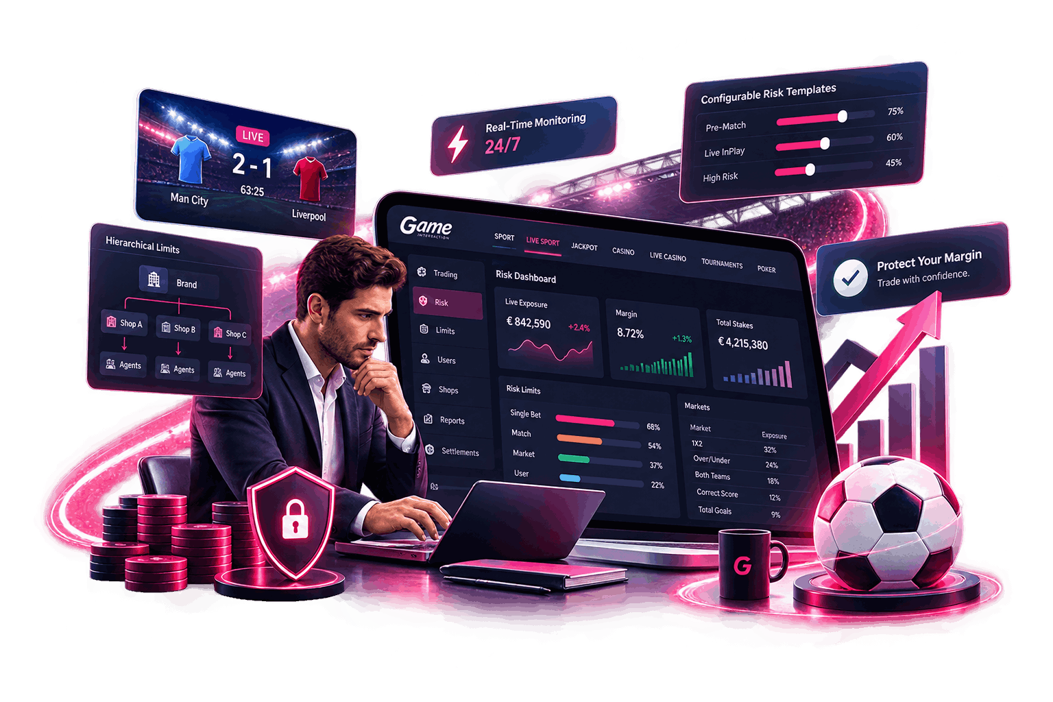 Digital illustration of a man using a laptop with sports betting dashboards, financial charts, and a football displayed around him.