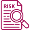 Magenta line icon of a document labelled “RISK” with a magnifying glass.