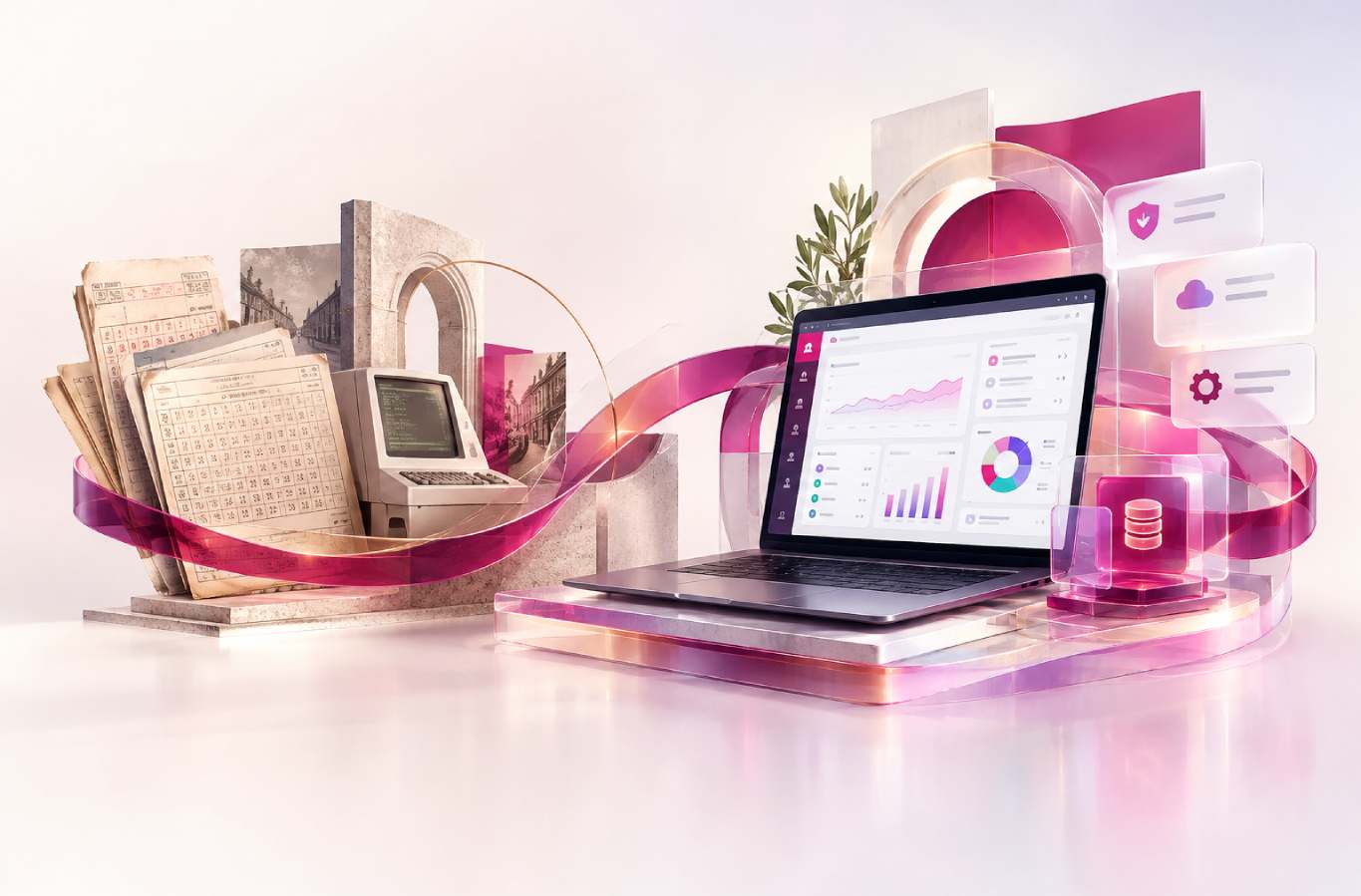 Laptop displaying analytics and business information beside abstract architectural shapes and digital elements.