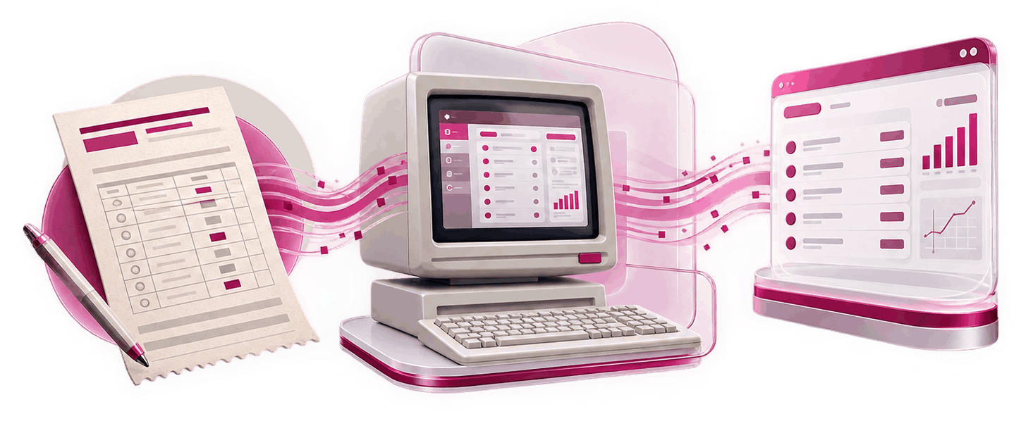 Digital illustration of a laptop displaying analytics and business information on an abstract pink and purple background.