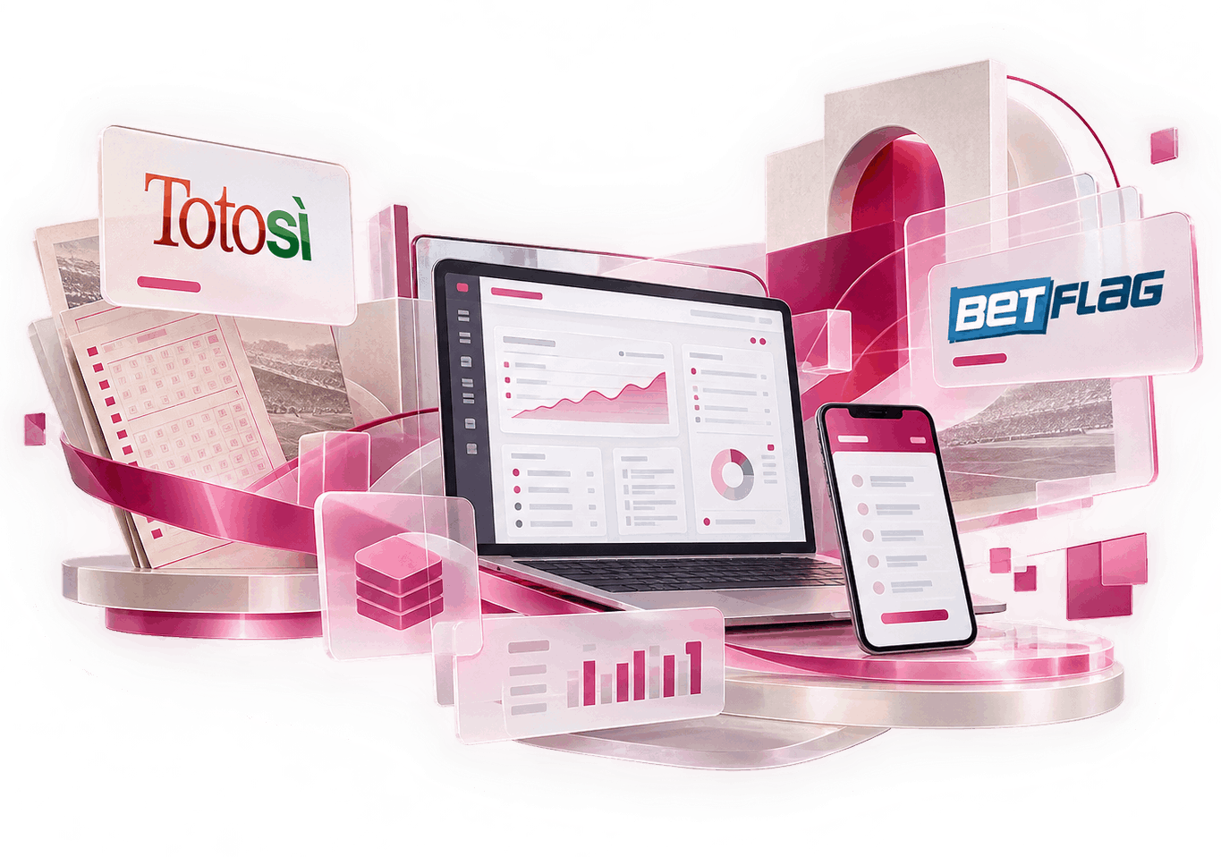 Laptop and smartphone displaying analytics dashboards and company logos in a modern digital environment.