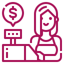 Magenta line icon of a cashier beside a checkout counter, with dollar and payment symbols