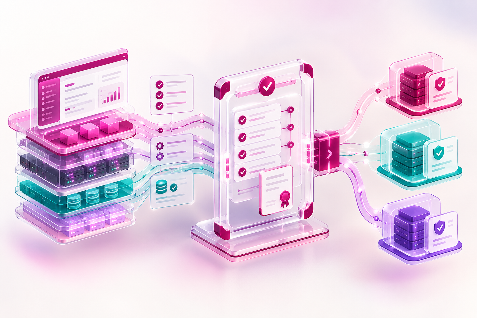 Digital illustration of the GI platform showing connected dashboards, user interfaces, data panels, and digital services