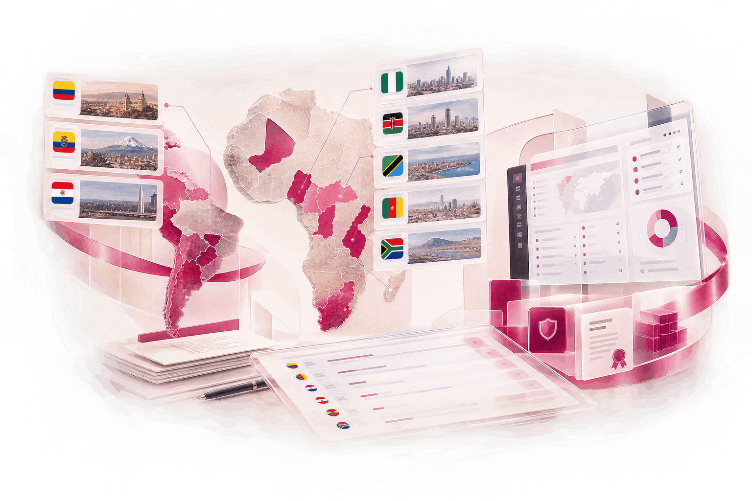 Digital illustration of a global gaming certification concept with a world map, country flags, compliance documents, and a shield symbol.GLI certified iGaming platform