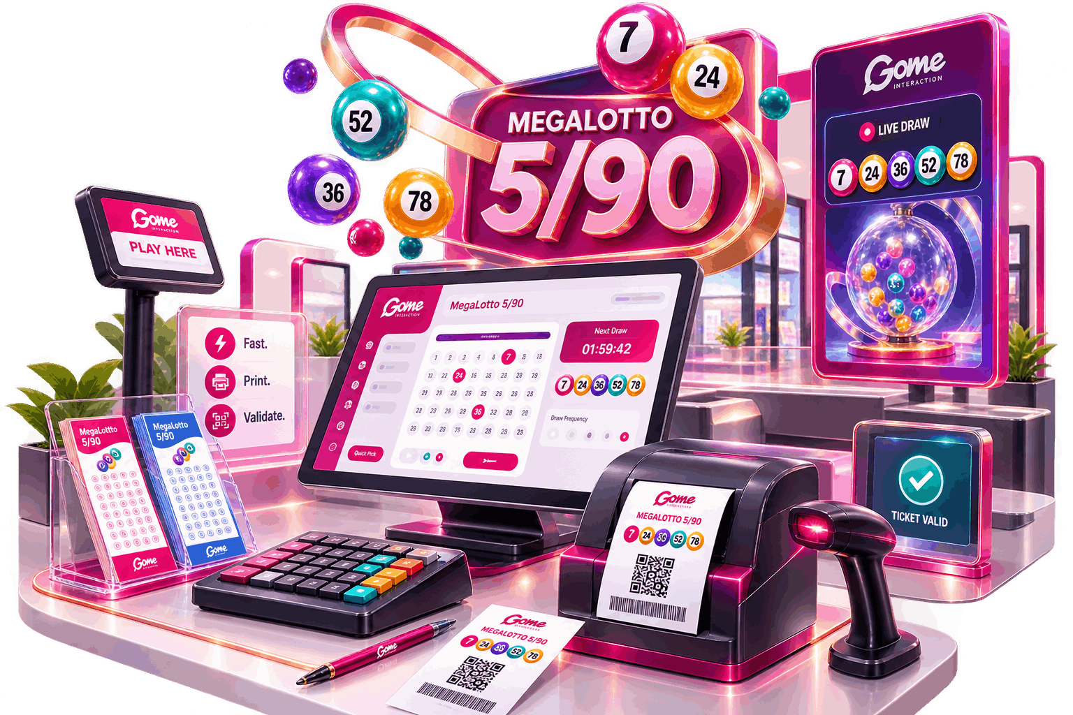 Digital illustration of a 5/90 lottery platform displaying numbered balls, draw information, and lottery interfaces across multiple devices.