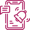 Magenta line icon of a smartphone or device with a notification bubble, bell, and alert marks