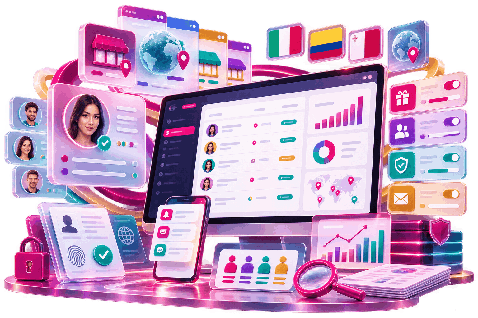 Colorful digital illustration of a player account management platform with user profiles, analytics dashboards, and connected interfaces