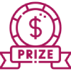 Magenta line icon of a prize platform with a large dollar coin and the word “PRIZE.”