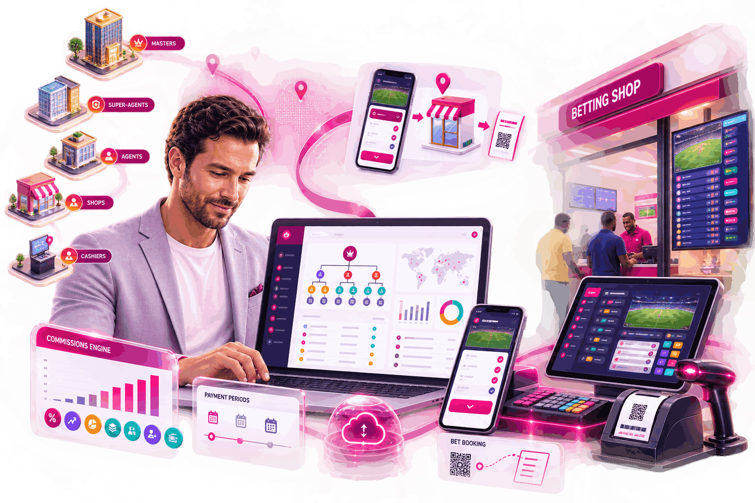Digital illustration of a man using a laptop and mobile devices with retail, payment, and betting interfaces.