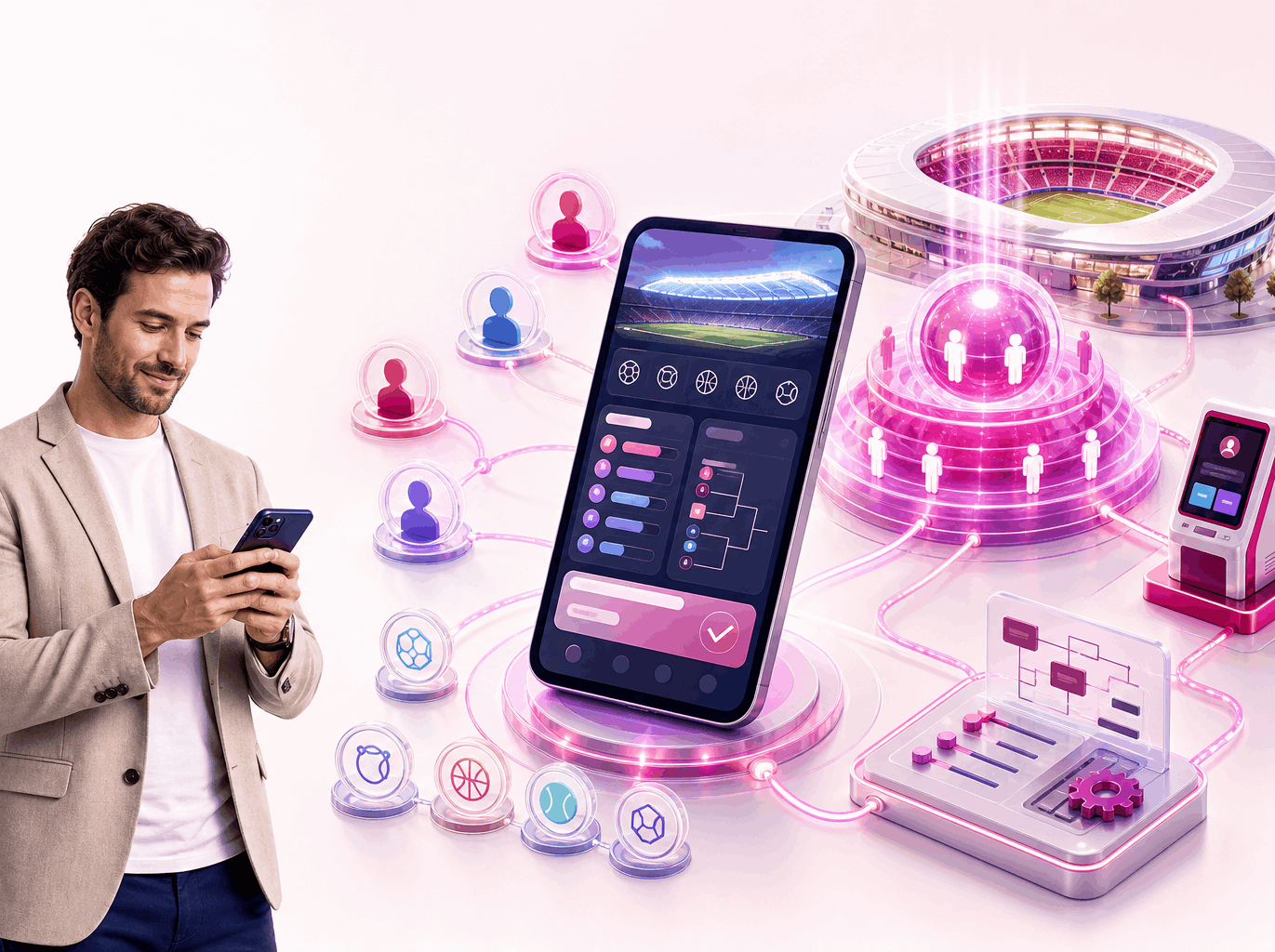 Digital illustration of a SmartShop mobile betting interface connected to a glowing retail platform and user network
