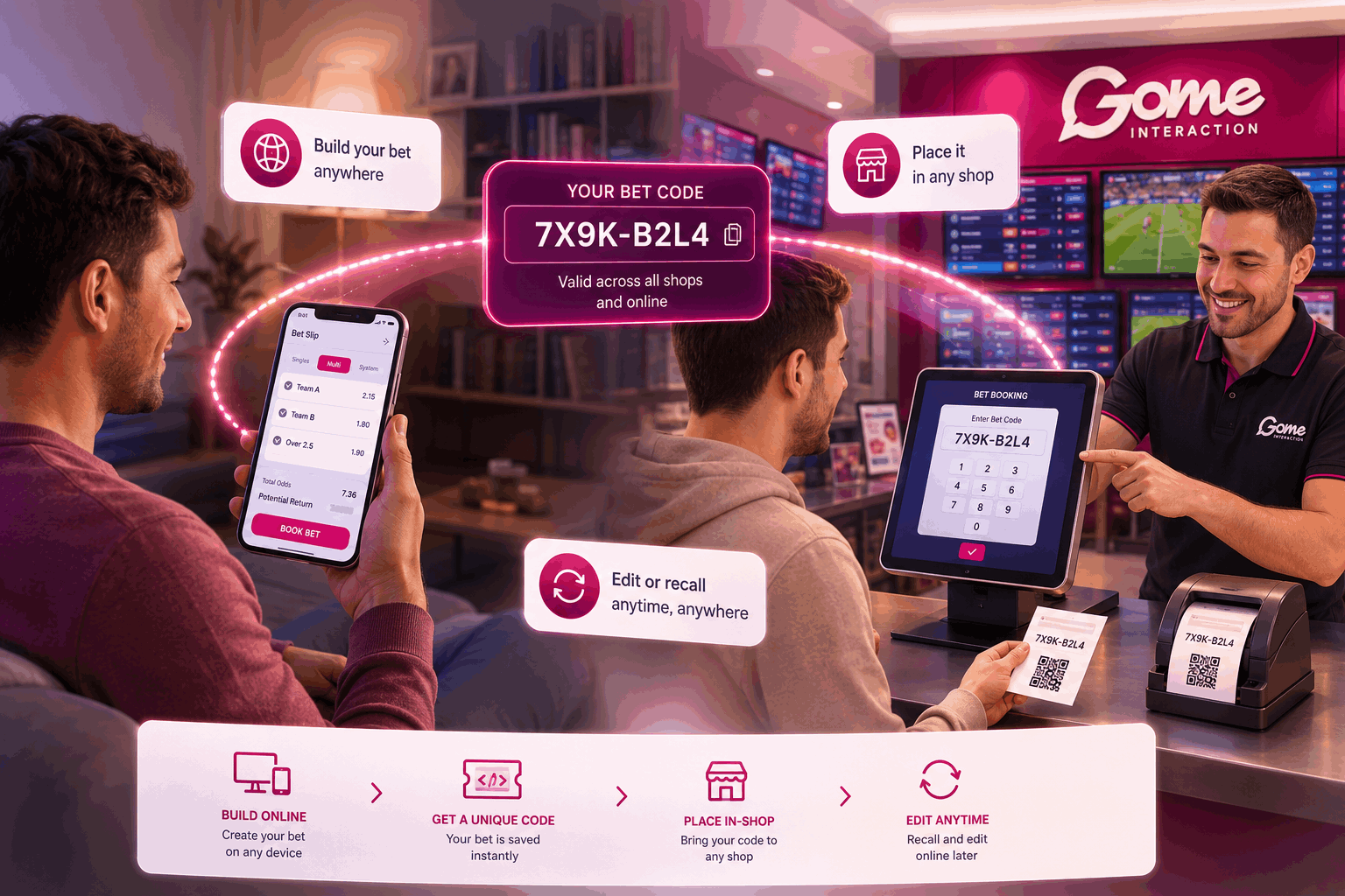 Digital illustration of a retail betting shop with customers using smartphones, electronic betting screens, and shop displays