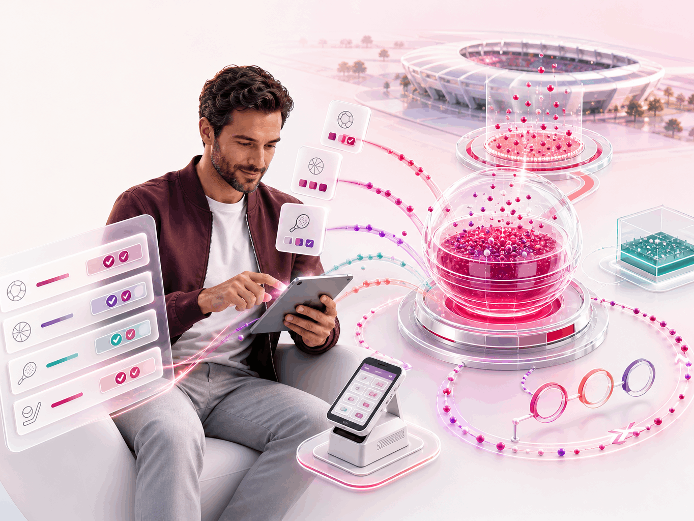 Digital illustration of a man using a tablet beside a glowing sports betting and jackpot interface.