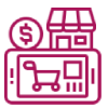 Magenta line icon of a storefront with a dollar symbol, shopping cart, and payment terminal.