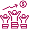 Magenta line icon of three people raising their arms beneath an upward arrow and dollar symbol.